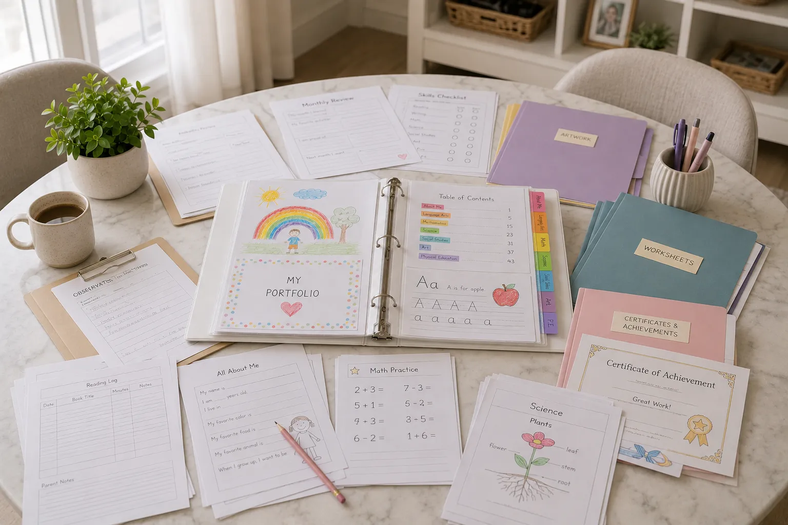 carpeta con materias organizadas por tabs para la evaluación anual homeschool Florida