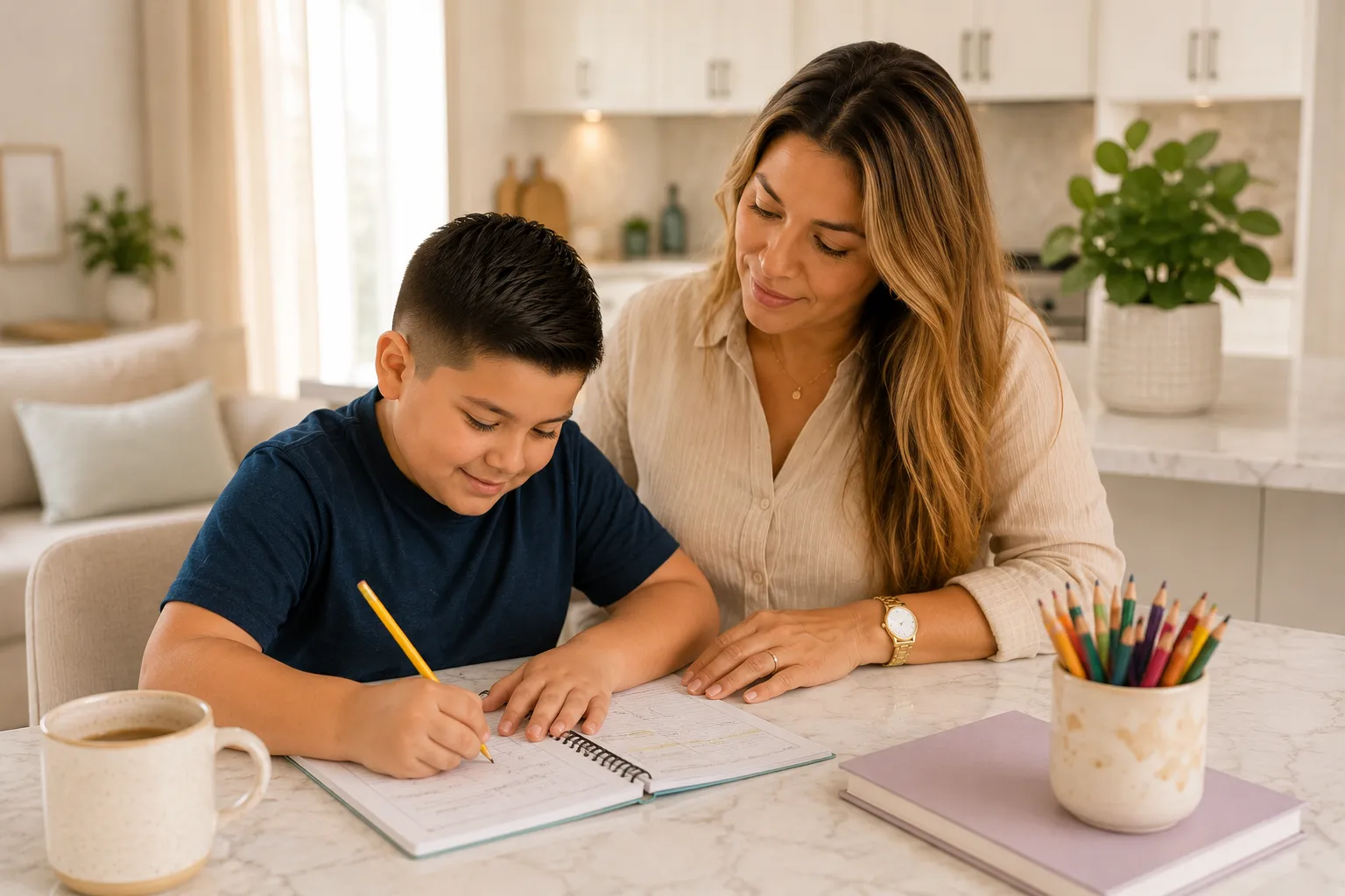 mamá enseñando a su hijo en casa — cómo empezar el homeschool en Florida
