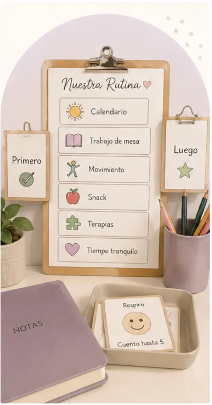 Niño autista utilizando apoyos visuales y rutinas para aprender en casa.