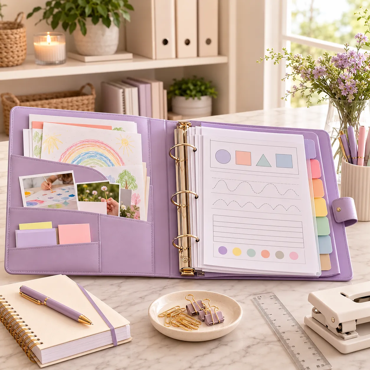 Carpeta lila abierta con dibujos, fotos y hojas de trabajo: ejemplo de portafolio homeschool en Florida