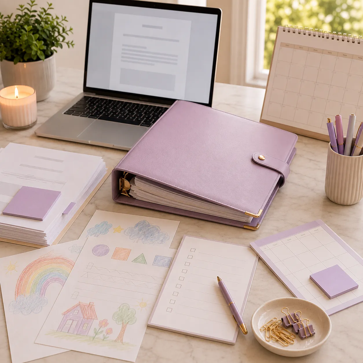 Escritorio con computadora portátil, carpeta y trabajos del niño para la evaluación anual de homeschool en Florida