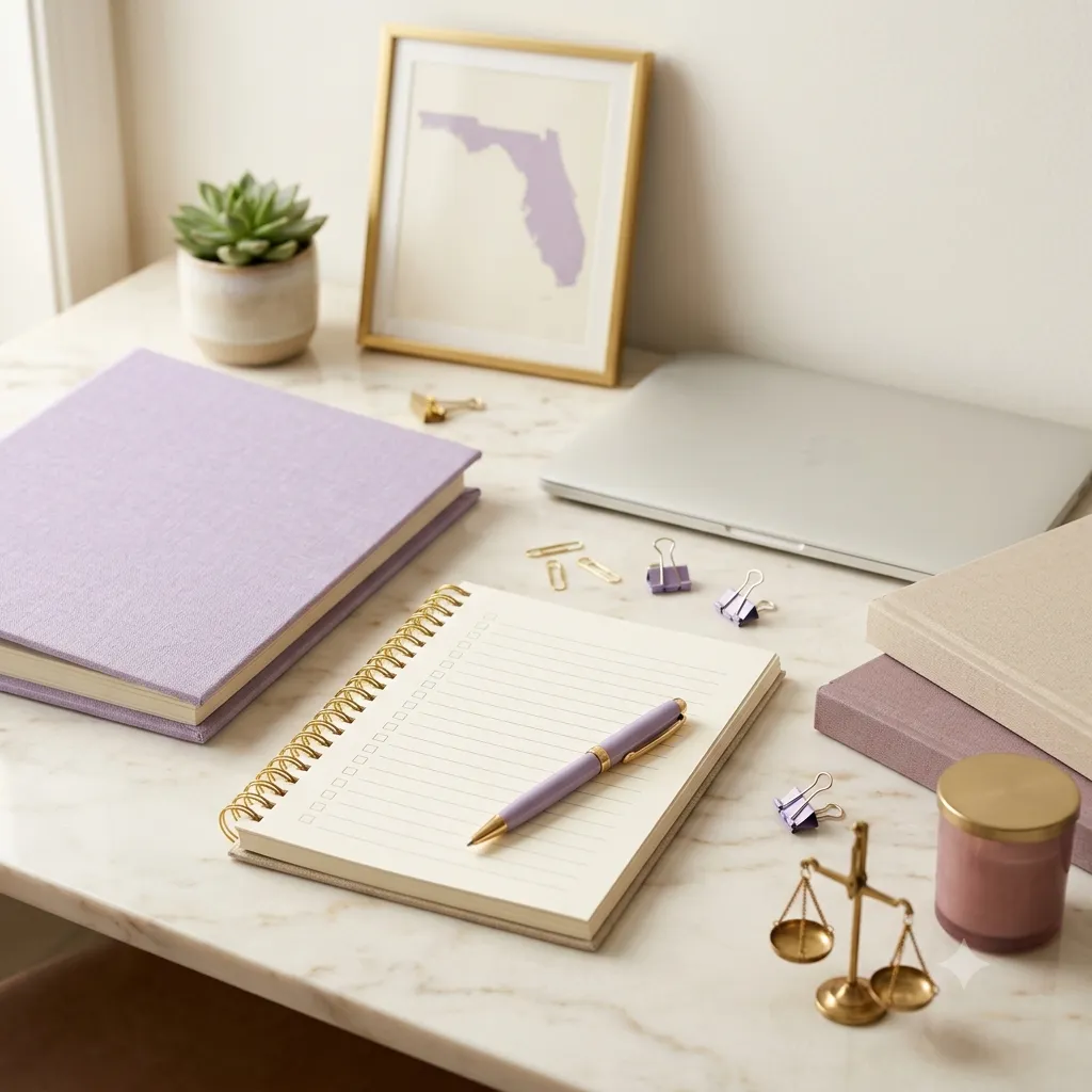 Cuadro con el mapa de Florida junto a una balanza y un cuaderno, sobre la legalidad del homeschool en Florida