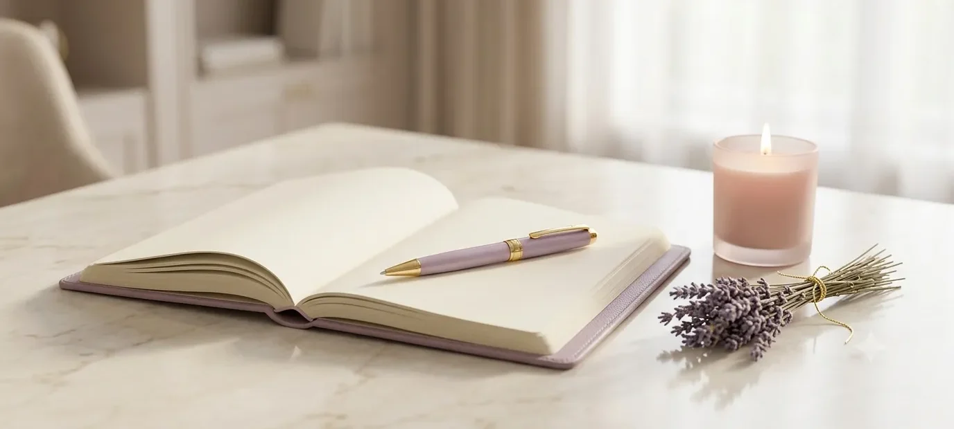 Libreta abierta con vela y lavanda seca — descargo de responsabilidad de Entre Mamás con Amarilis