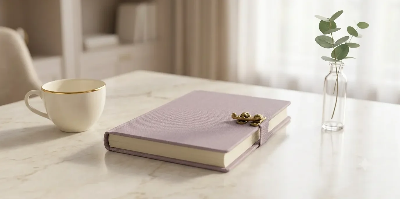 Libreta lavanda cerrada junto a taza y eucalipto — política de privacidad de Entre Mamás con Amarilis
