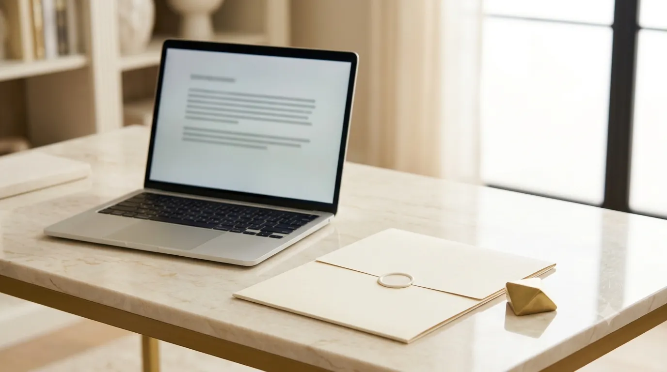 Escritorio editorial con laptop y documento sellado — términos de uso de Entre Mamás con Amarilis