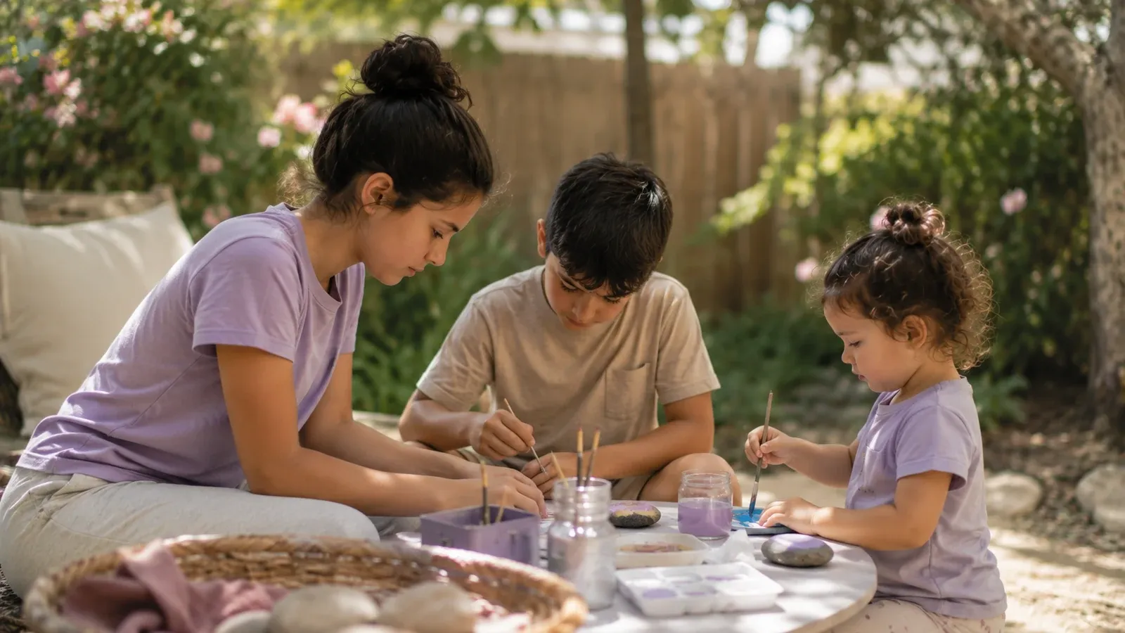 Tres niños de edades muy distintas pintando piedras juntos en una mesa del patio
